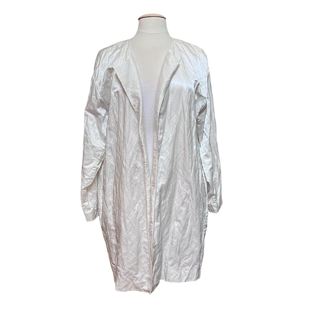 Eileen Fisher White Open Front Jacket Organic Cotton Sateen Wrinkled NWT Large